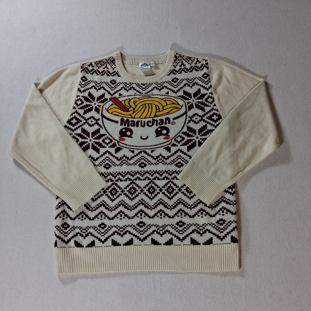 Mad Engine Maruchan Ramen Noodles Fair Isle Crewneck Sweater Mens S Cream
